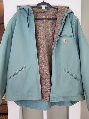 Rare seaglass blue vintage Carhartt Women's sandstone sierra sherpa-lined jacket